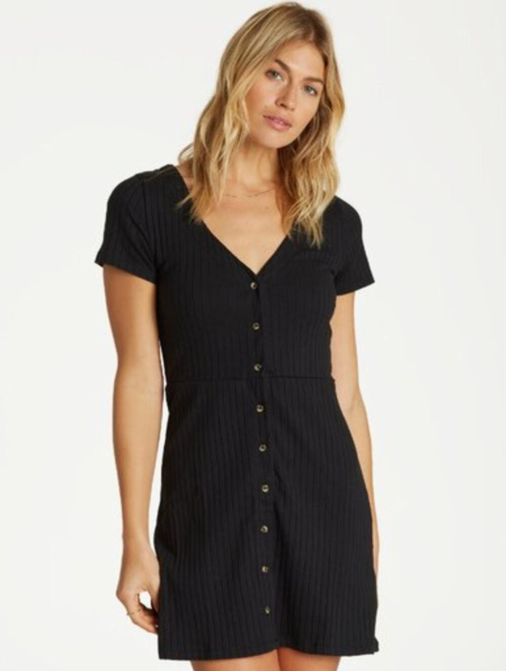 BILLABONG Juniors On With It Mini Button Dress XS Black Short Sleeve NWT